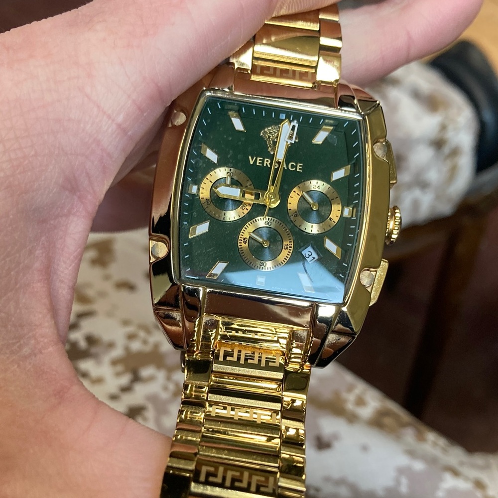 Versace Gold Chronograph Watch with Green Dial